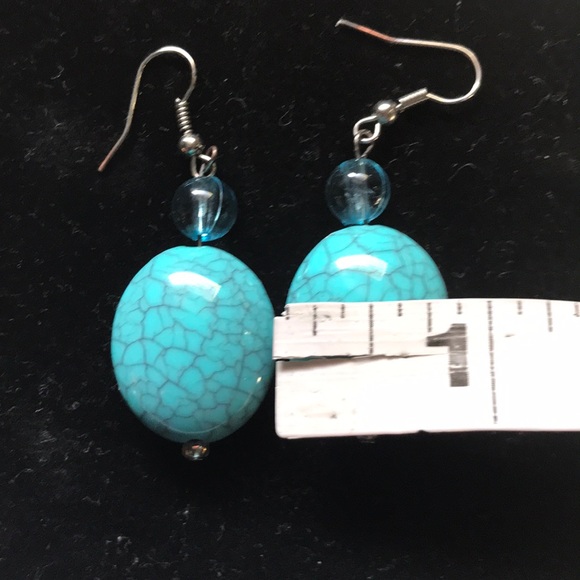 Turquoise Magnesite Stone Blue wiring dangle earring oval 2” - Picture 7 of 9